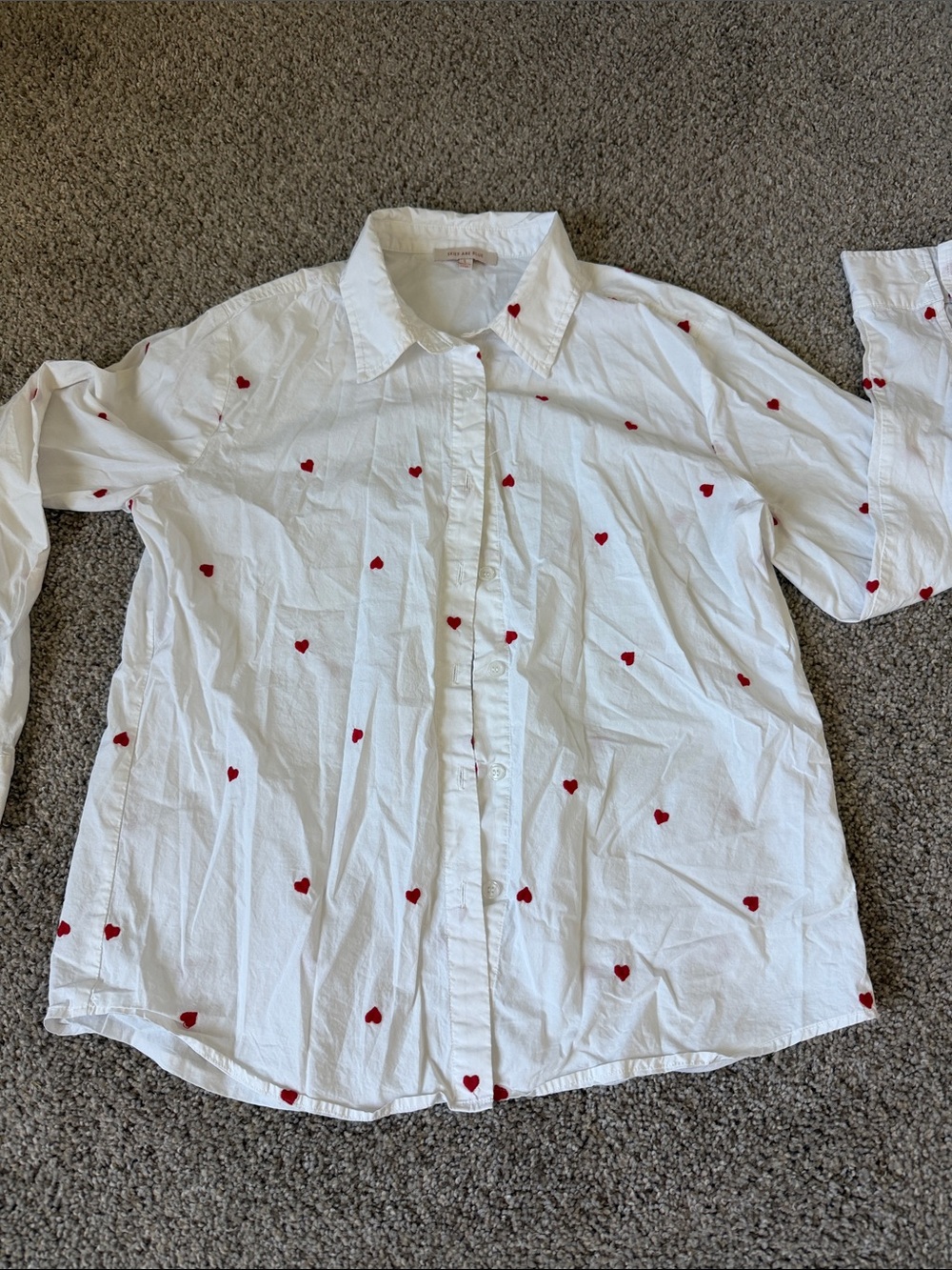 Skies Are Blue White Button-Down Shirt with Red Heart Motif